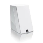 Tall white speaker with angled cabinet and a textured front grille, SVS logo at the bottom front, on a reflective surface.