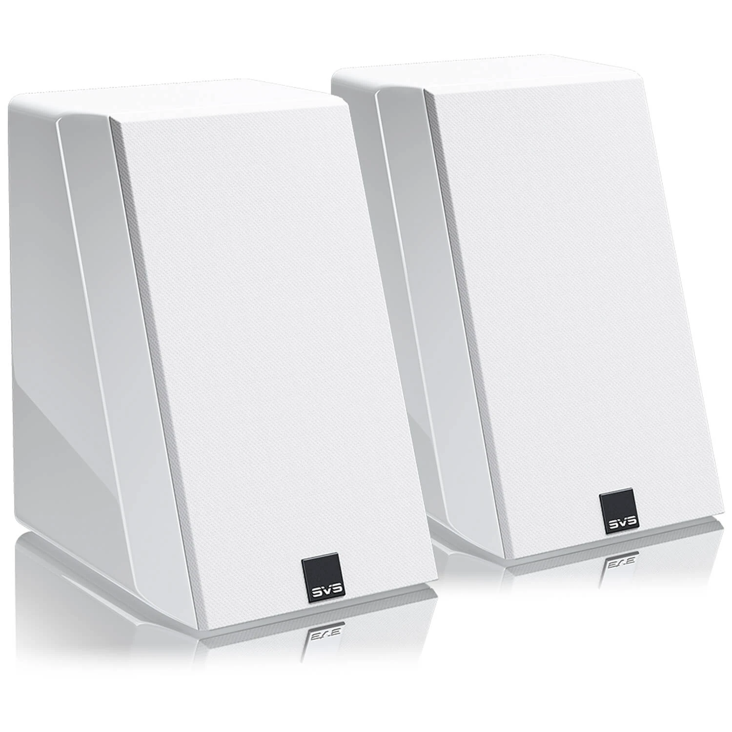 svs-ultra-evolution-elevation-biely-lak - Enigma High Fidelity Audio Pair of white bookshelf speakers standing side by side with textured grills and small black SVS logo at the bottom