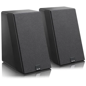 Pair of black bookshelf speakers with textured grilles and a small SVS logo at the base.