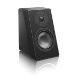 Black bookshelf speaker angled to show a large woofer and a smaller tweeter in a circular mount on the front panel