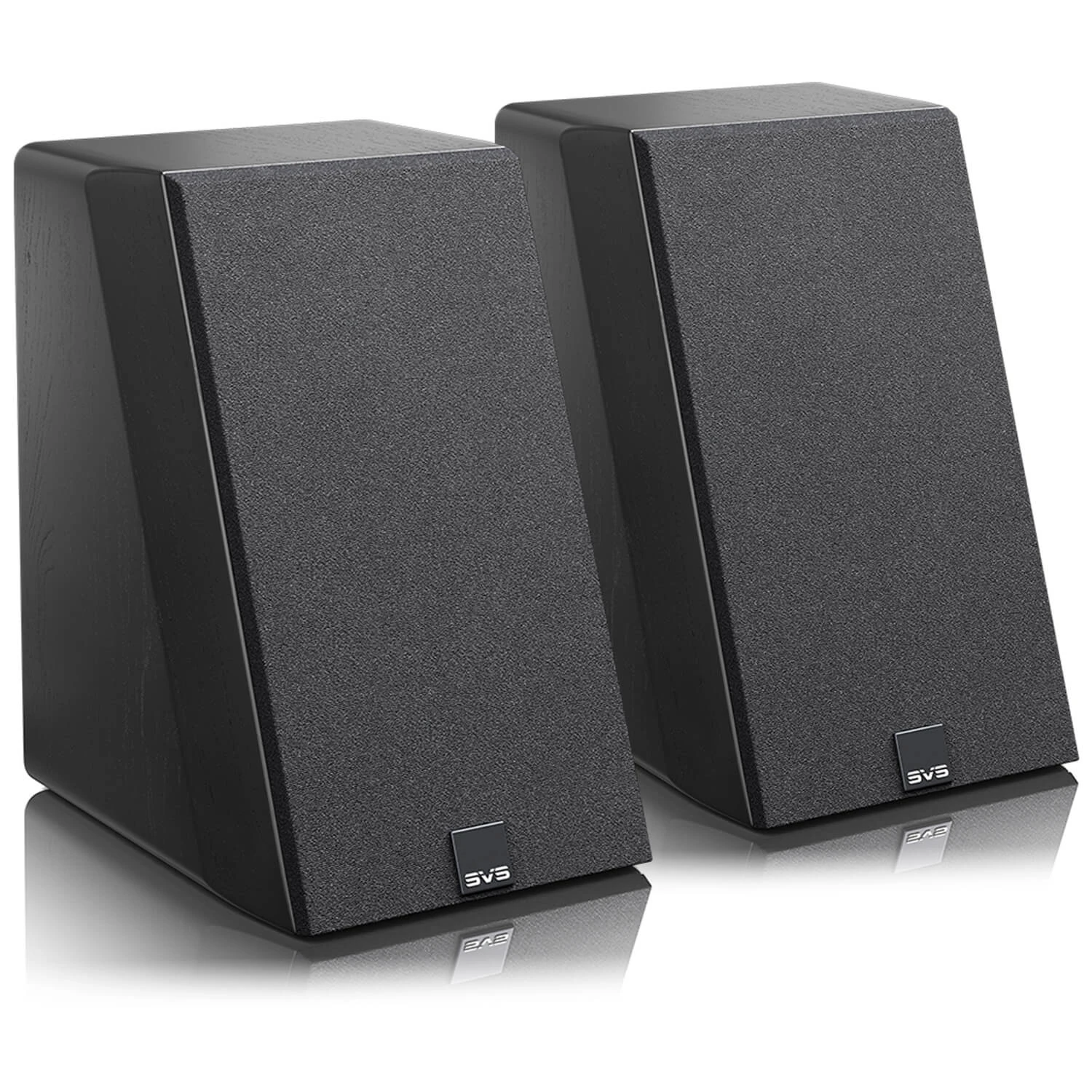 svs-ultra-evolution-elevation-cierny-dub - Enigma High Fidelity Audio Pair of black bookshelf speakers with textured grilles and a small SVS logo at the base.