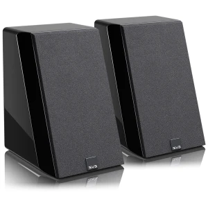 Pair of black bookshelf speakers with textured front grills and SVS logo on the bottom, placed on a reflective surface