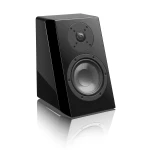 Black glossy bookshelf speaker with a large woofer and smaller tweeter on a white background.