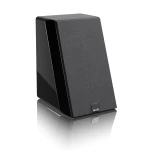 Tall black floor-standing speaker with angled front and fabric grille, reflecting on a glossy surface.