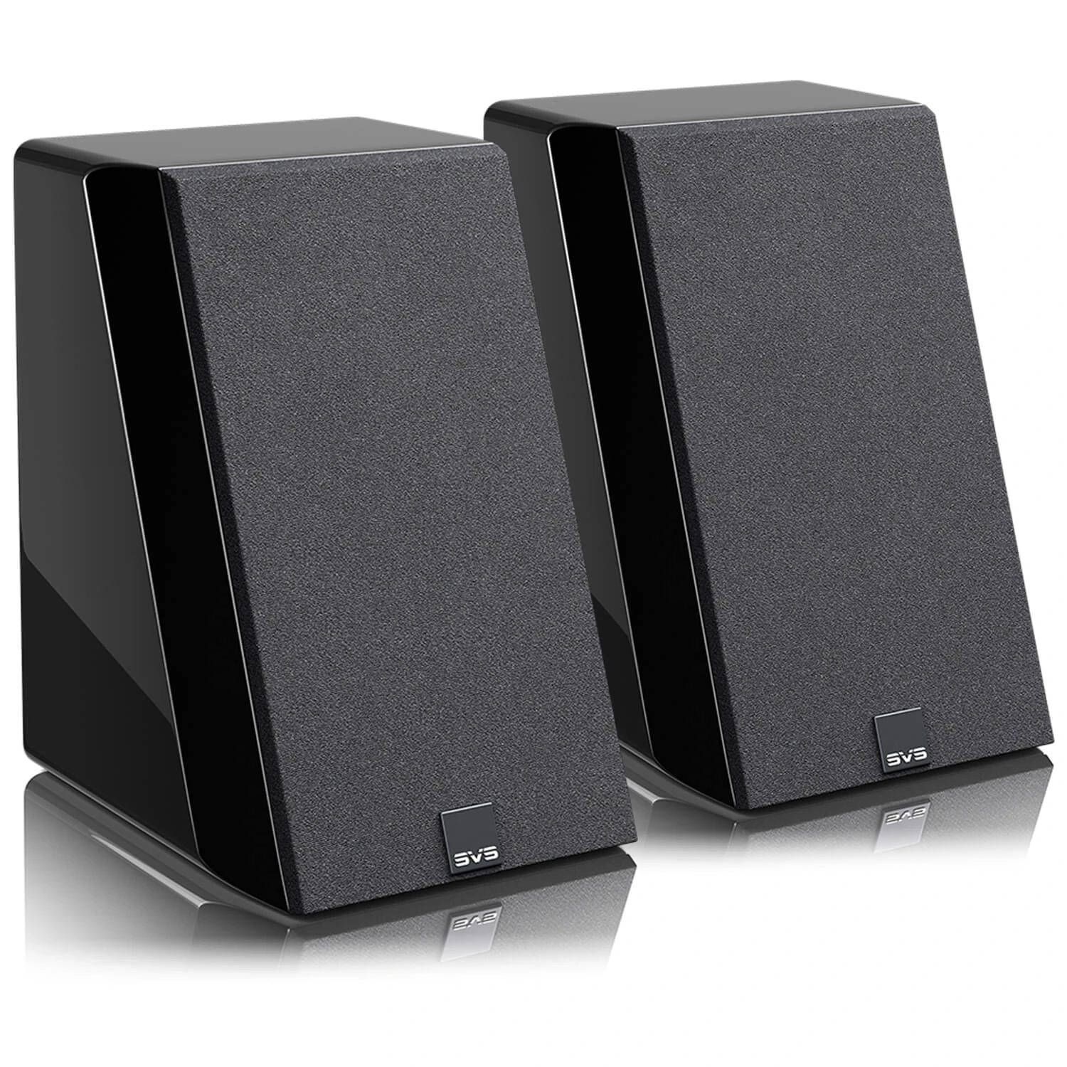 svs-ultra-evolution-elevation-cierny-lak - Enigma High Fidelity Audio Pair of black bookshelf speakers with textured front grills and SVS logo on the bottom, placed on a reflective surface