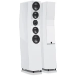 White floor-standing hi-fi speakers, a tall pair with multiple circular drivers arranged vertically on a white front panel, on glossy feet.