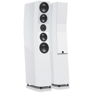 White floor-standing hi-fi speakers, a tall pair with multiple circular drivers arranged vertically on a white front panel, on glossy feet.