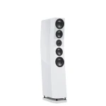 White floor-standing speaker with multiple circular drivers arranged vertically on a slim panel