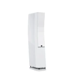White tall floor-standing speaker with a slim, curved cabinet and a small logo at the lower front, mounted on a dark base