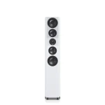 Tall white floor-standing speaker with four black driver cones arranged vertically on a glossy base.