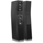 Pair of tall black floor-standing speakers with multiple vertical drivers showing a wood-grain finish and branding badge at the bottom edge? (informative)