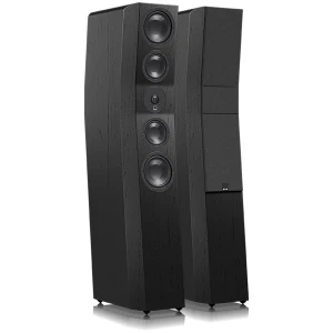 Pair of tall black floor-standing speakers with multiple vertical drivers showing a wood-grain finish and branding badge at the bottom edge? (informative)