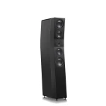 Tall black floor-standing speaker with multiple round drivers and a wood-grain finish, set on a reflective surface against a white background.