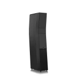 Tall black floor-standing speaker with a curved wood-grain cabinet and three front-panel sections