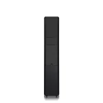 Tall black floor-standing loudspeaker with three front drivers on a white background, minimalist product shot.