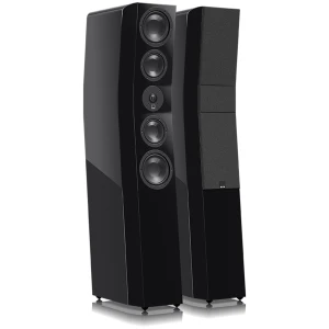 Pair of tall black floor-standing speakers with multiple circular drivers against a white background