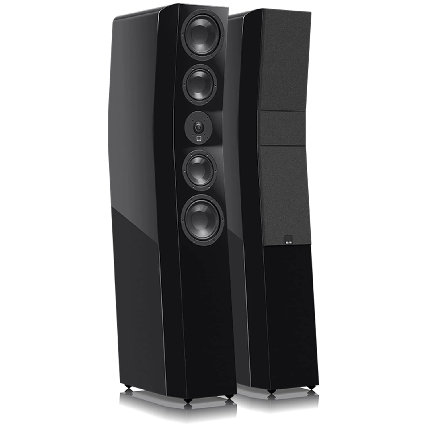 svs-ultra-evolution-tower-cierny-lak - Enigma High Fidelity Audio Pair of tall black floor-standing speakers with multiple circular drivers against a white background