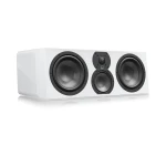 White rectangular speaker system with two large front-facing woofers and a central dual-driver cluster (left-right, high fidelity).