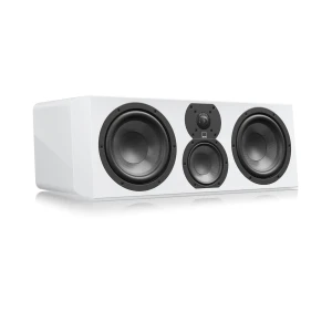 White rectangular speaker system with two large front-facing woofers and a central dual-driver cluster (left-right, high fidelity).