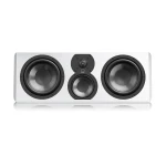 White speaker cabinet with two large side woofers and a central multi-driver module including a small tweeter above it