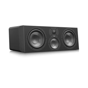 Black rectangular speaker bar with two large woofers on the sides and two smaller central drivers for left, right, and midrange output.
