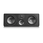 Black center-channel speaker with two large side woofers and a smaller central driver on a sleek rectangular panel.