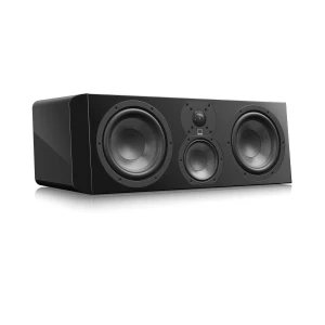 Black rectangular multi-driver bookshelf speaker with two large woofers, two midrange drivers, and a small central tweeter on a white background
