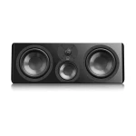 Black rectangular soundbar with three circular drivers: large left and right woofers and a central midrange with tweeter