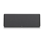 Black rectangular soundbar with a textured fabric grille and a small centered SVS logo, placed on a white reflective surface for home theater use.