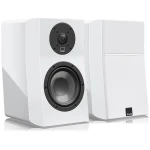 Pair of white bookshelf speakers with a large front woofer and a smaller circular tweeter, mounted on a white cabinet surface.