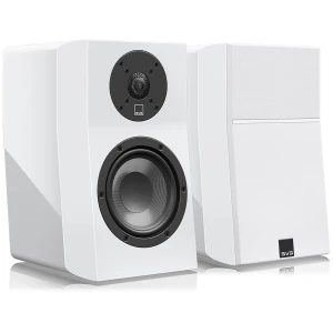 Pair of white bookshelf speakers with a large front woofer and a smaller circular tweeter, mounted on a white cabinet surface.