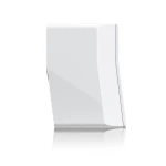 Tall white wireless speaker with rounded edges, angled on a reflective surface.