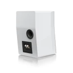 Rear view of a white speaker showing a black circular port and two binding-post connectors for speaker wires