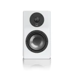 White floor-standing speaker with a small tweeter above a large woofer in a white enclosure, black driver faces visible.