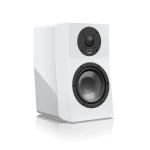 White bookshelf speaker with black circular tweeter above a larger woofer on a glossy surface.