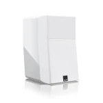Tall white floor-standing speaker with a textured front grille and a small SVS logo near the bottom, shown on a reflective surface