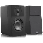 Pair of black bookshelf speakers viewed from the front, showing a large woofer and smaller tweeter on the left unit and a fabric-covered right speaker with a logo near the base.