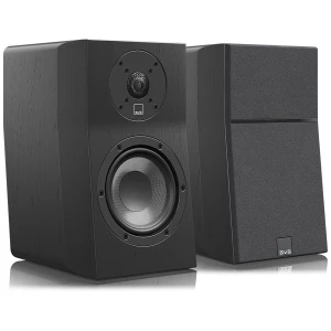 Pair of black bookshelf speakers viewed from the front, showing a large woofer and smaller tweeter on the left unit and a fabric-covered right speaker with a logo near the base.