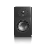 Tall black speaker with a large bottom woofer and a circular driver above, set on a white background with a subtle reflection.