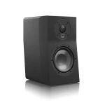 Black wooden-finish bookshelf speaker viewed from the side, showing a small circular tweeter above a large woofer on the front panel