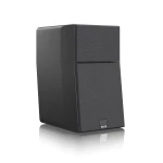 Tall black speaker with a fabric front grille and wood-textured side panel; SVS logo at the bottom edge.