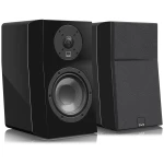 Pair of black speakers: a glossy left speaker with visible woofer and tweeter, and a textured right cabinet with fabric grille and SVS badge