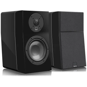 Pair of black speakers: a glossy left speaker with visible woofer and tweeter, and a textured right cabinet with fabric grille and SVS badge