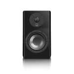 Tall black loudspeaker with a large woofer at the bottom and a smaller circular driver above it.