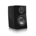 Black floor-standing speaker with a large woofer lower driver and a smaller circular driver above, glossy cabinet, SVS logo visible.