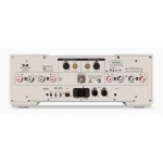 Rear view of a T+A audio amplifier: speaker binding posts (A and B), balanced XLR and unbalanced RCA inputs, power inlet and switch, plus LAN and RC ports visible in the center section.