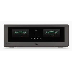 Front view of the T+A A 3100 HV stereo amplifier with two green power-output meters and central control row