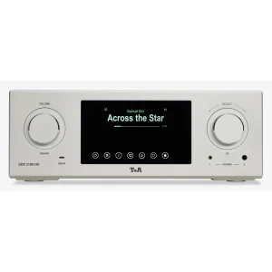 Front view of a T+A SDX 3100 HV amplifier with a central display showing 'Across the Star' and two large knobs on either side.