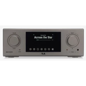 Front view of a T+A audio component with a central touchscreen showing 'Across the Star' by Samuel Kim.