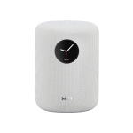White fabric-covered cylindrical smart speaker with a circular clock display on the front
